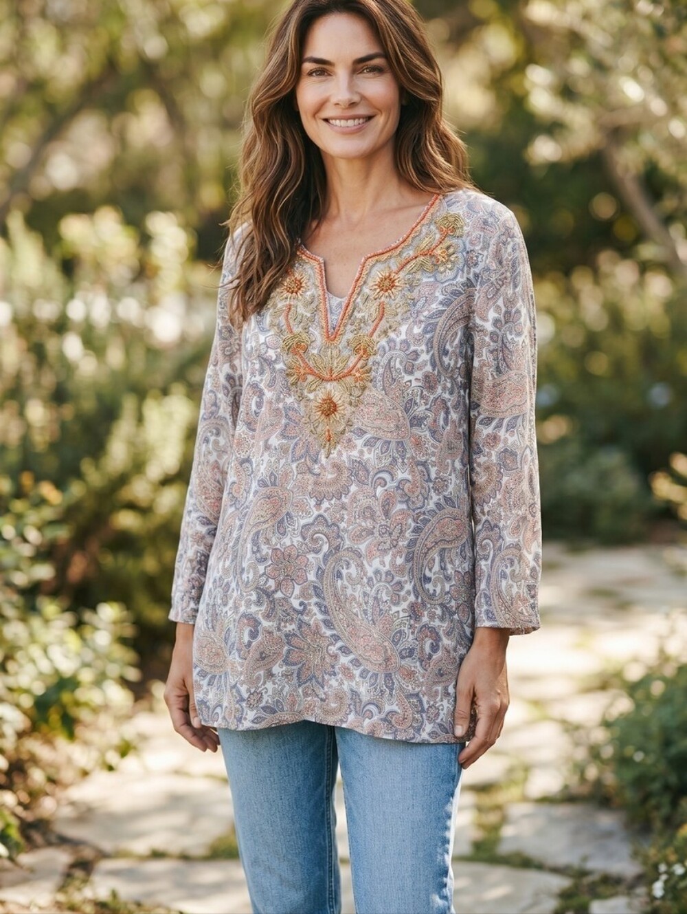 Soft Surroundings Women's Paisley Embroidered V-Neck Tunic Beaded Gold Sz XL EUC